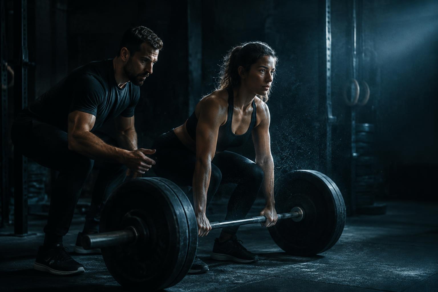 Coach guiding a lifter through a heavy deadlift